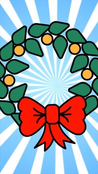 Cartoon holiday wreath with a bright red bow and green leaves on a blue radial background