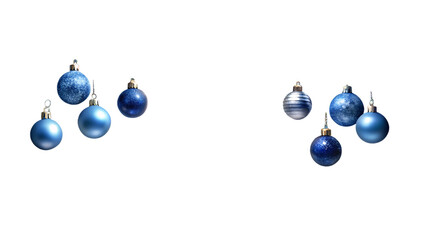 3d illustration of several blue christmas baubles scattered on a transparent background, some shiny and some matte, with a festive and decorative feel