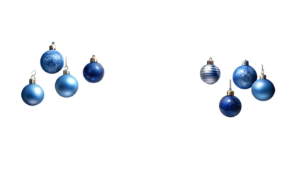3d illustration of several blue christmas baubles scattered on a transparent background, some shiny and some matte, with a festive and decorative feel