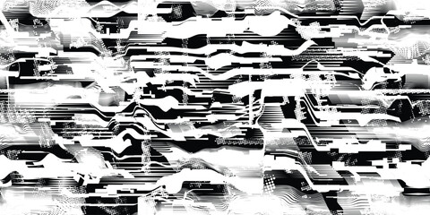 Glitch distorted grungy abstract forms . Cyber punk seamless pattern texture. Halftone dots .Futuristic background . Glitched shapes with dots and lines .Screen print endless pattern texture