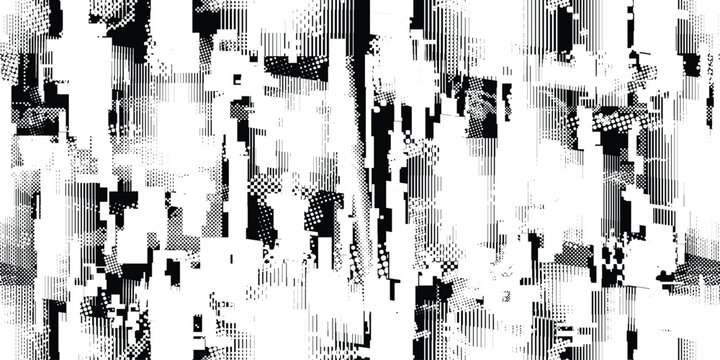 Glitch distorted grungy abstract forms . Cyber punk seamless pattern texture. Halftone dots .Futuristic background . Glitched shapes with dots and lines .Screen print endless pattern texture