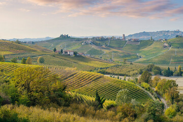 Picturesque Langhe Countryside with Vineyards and Historic Architecture