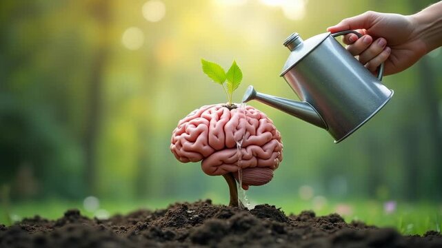 Human brain growing from a flower, watering can is pouring water on the mind, mental health concept, positive attitude, creative thinking