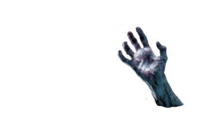 Zombie hand, pale and bloodied, reaching for something, symbolizing horror, death, and fear using a transparent background