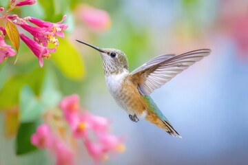 Naklejka premium Hummingbird in flight near vibrant pink flowers, showcasing delicate wings and intricate details, capturing the beauty of nature and the essence of wildlife photography