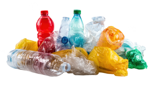 A pile of various plastic waste, including bottles and bags, on a transparent background represents a global environmental problem.
