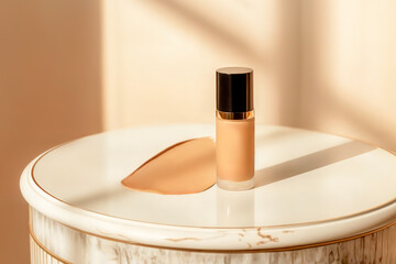 Foundation bottle placed on a marble table with spilled liquid in warm sunlight