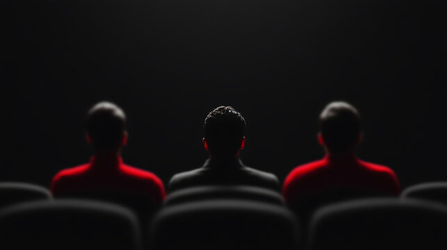 Captivated audience immersed in a dark theater setting, focusing on the screen with anticipation, creating an atmosphere of shared experience and collective focus. Viewers watch intently.