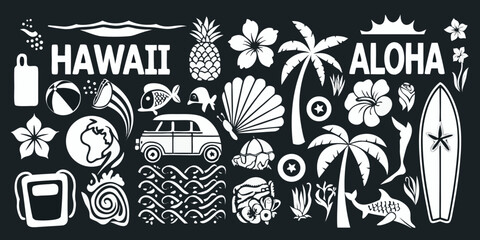 Hawaiian aloha tropical vacation icons and symbols collection on dark background