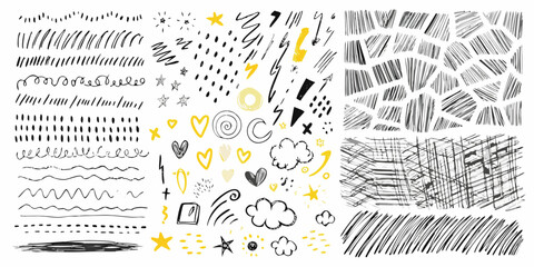Collection of hand drawn abstract scribble elements hearts stars clouds lightning bolts and textures in black yellow and gray