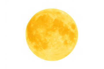 Full yellow moon glowing, showing lunar surface details, celestial body in astronomy context with transparent background