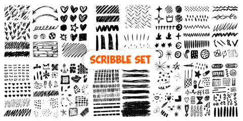 Collection of hand drawn black and white abstract doodle elements and textures for design