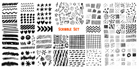 Collection of hand drawn black scribble elements and textures for design projects