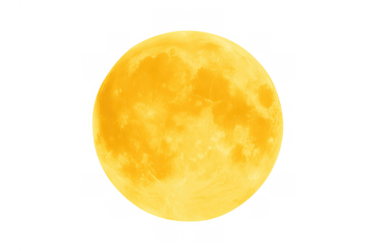 Full yellow moon glowing, showing lunar surface details, celestial body in astronomy context with transparent background