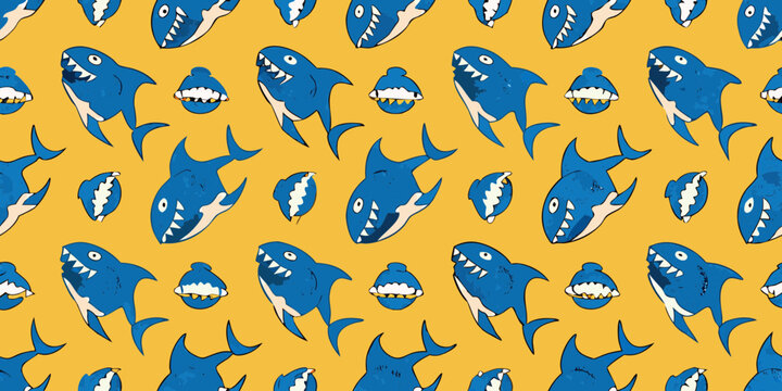 Whimsical blue sharks with open mouths and sharp teeth pattern on yellow background