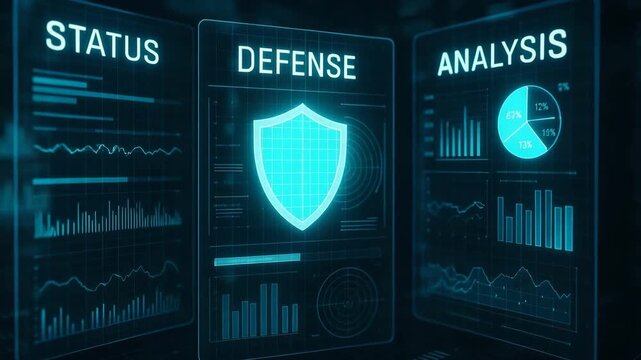 High-tech dashboard displaying security status, defense metrics, and analytical data for cybersecurity operations. - Powered by Adobe