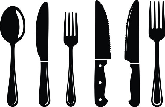Collection of elegant black cutlery silhouettes on a white background