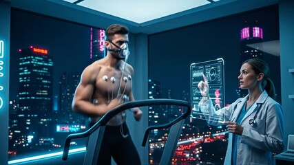 High-performance physiological testing Athlete on treadmill, monitored by doctor using futuristic medical technology and real-time data in a modern lab for peak fitness insights - Powered by Adobe