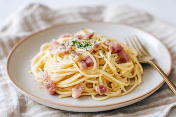 Spaghetti carbonara served on a ceramic plate with a golden fork, garnished with parsley, showcasing a delicious and inviting Italian dish for culinary enthusiasts