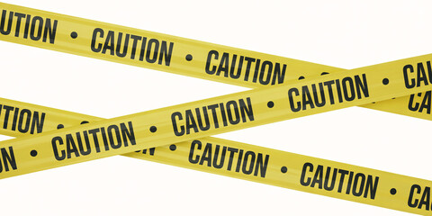 Vibrant yellow caution tape stretches across a clean white background signaling danger or restricted areas