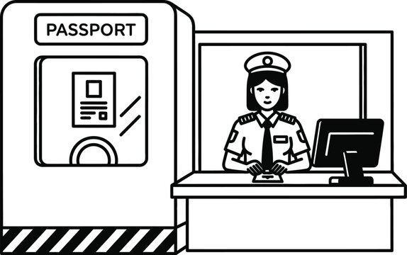 Border control officer checking passport at customs booth with computer and screen