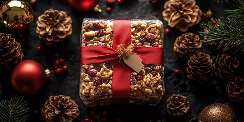 Festive fruitcake loaf studded with nuts and dried berries, tied with a red ribbon and gift tag, styled with pine cones and ornaments for Christmas gifting