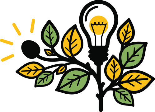 Branch with leaves, a lightbulb, and a glowing sun representing innovation and new ideas.