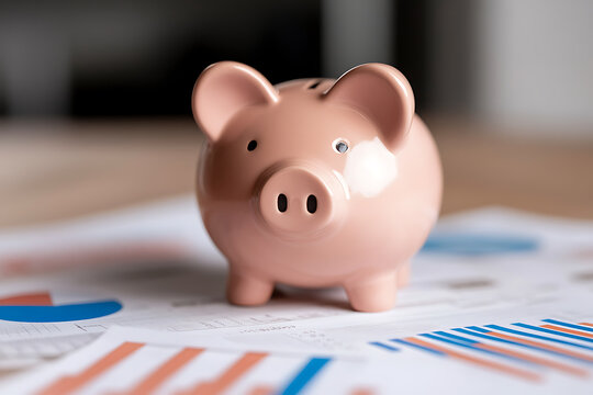 A pink piggy bank sits on top of financial documents. Piggy banks are often used to teach children how to save money and are a symbol of financial responsibility. - Powered by Adobe