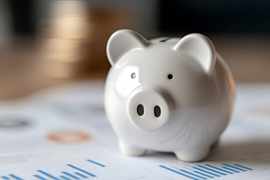 White piggy bank on financial report background. Concept for saving money and investment. Financial planning and strategy, investment management, savings and earnings for future.