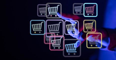 Hand touching shopping cart icons, symbolizing online shopping, e-commerce, digital retail, and...