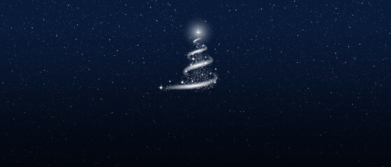 Symbol of Christmas and New Year. Sparkling Christmas tree with snow, stars, and a snowstorm against a starry sky. Template for New Year and Christmas projects.
