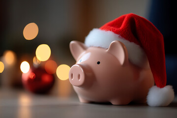 Festive savings! A piggy bank dons a santa hat, with soft, warm holiday lights creating a cozy and inviting backdrop. Saving for gifts or future plans, holiday savings!
