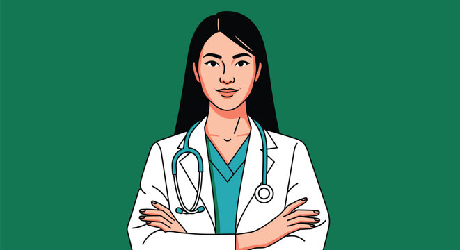 Professional female doctor with stethoscope and arms crossed, looking confidently forward against a green background.