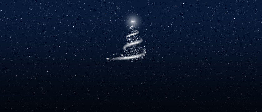 Symbol of Christmas and New Year. Sparkling Christmas tree with snow, stars, and a snowstorm against a starry sky. Template for New Year and Christmas projects.