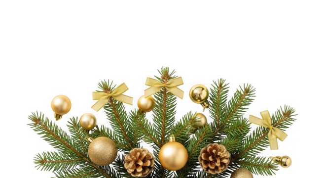 Christmas tree branches with ornaments and pine cones festive decoration isolated on transparent background