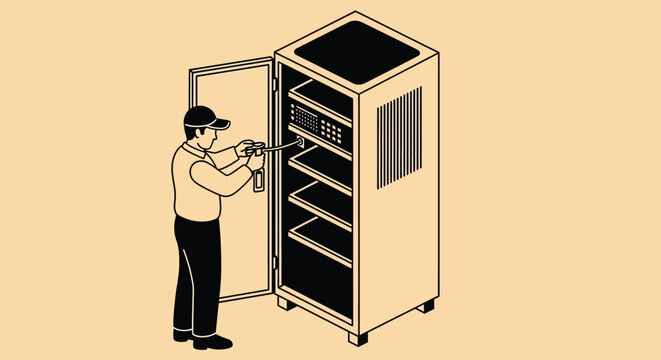 Technician carefully repairs server rack equipment in a data center.