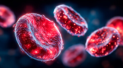 Abstract illustration of glowing red cells with intricate textures and luminous details, floating in a dark background, representing biological processes and cellular structures