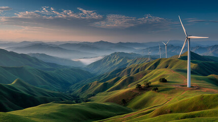 Expansive green hills under a clear sky with wind turbines generating renewable energy, showcasing the beauty of nature and sustainable technology in harmony