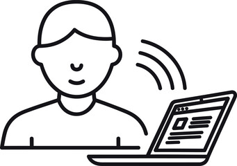 Simple line art icon of a person listening to audio from a laptop computer