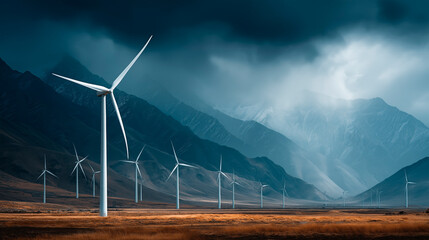 Wind turbines stand tall against a dramatic sky, surrounded by rugged mountains and vast fields, showcasing renewable energy in a breathtaking landscape of nature's power