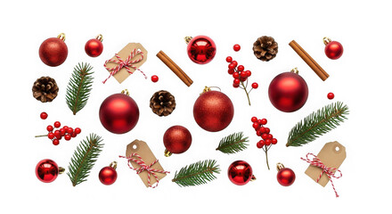 Christmas ornaments and pine cones scattered isolated on transparent background