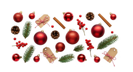 Christmas ornaments and pine cones scattered isolated on transparent background