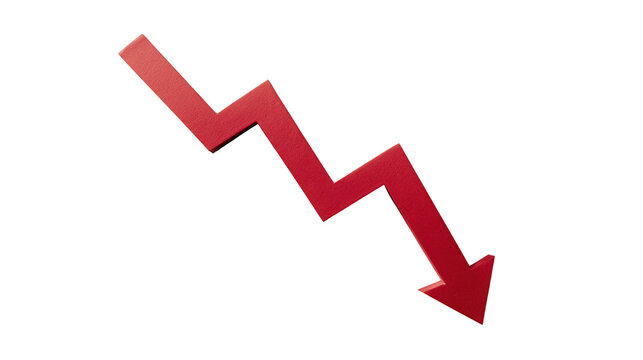 Red zigzag arrow pointing down, symbolizing decrease, loss, or economic recession on a transparent background