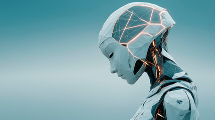 Futuristic humanoid robot with intricate geometric design and glowing circuitry, showcasing advanced technology and innovation in a sleek, minimalistic environment