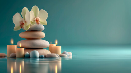 Stacked smooth stones adorned with delicate orchids and lit candles create a serene atmosphere, reflecting tranquility and relaxation in a calming environment