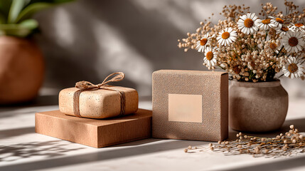 Cosmetic box mockup with natural packaging design. Elegant cardboard gift boxes and eco-style branding scene with chamomile flowers, perfect for skincare, organic cosmetics, and label presentation.