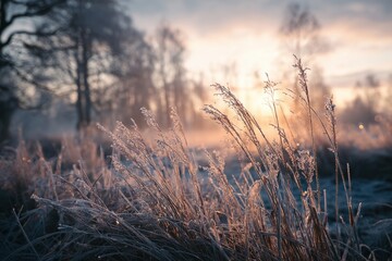 Fototapeta premium Photorealistic Frozen Meadow at Sunrise with Frosty Grass and Misty Trees