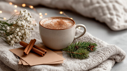 Cozy scene featuring a warm cup of spiced coffee, cinnamon sticks, and fresh greenery on a textured blanket, creating a serene atmosphere for relaxation and comfort