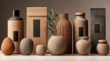 Cosmetic bottle and packaging mockup with eco textures and minimal design. Natural skincare product scene for branding, organic cosmetics, or sustainable beauty label presentation.