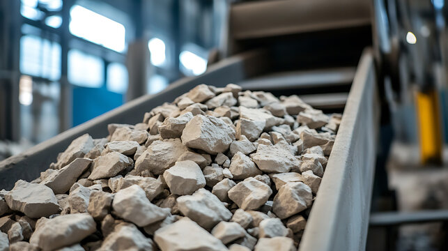 Captured inside an industrial setting, a conveyor belt is loaded with rough, fragmented rocks. The gray tones and textures emphasize the raw and unprocessed materials in transit.